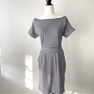 Boat Neck Navy Striped Dress